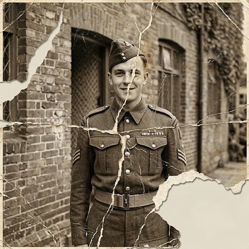 Heavily damaged photo restored with AI — before restoration